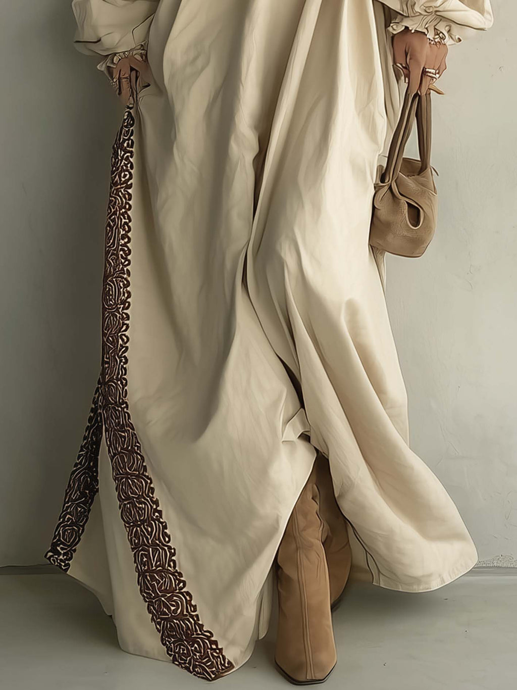 Beige Off Shoulder Cotton Linen Maxi Dress With Embroidered Trim