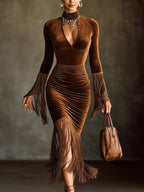 Brown Velvet Turtleneck Cutout Fringe Long Sleeve Bodycon Dress