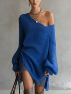 Blue Off‑Shoulder Mohair Sweater Dress With Lace Hem