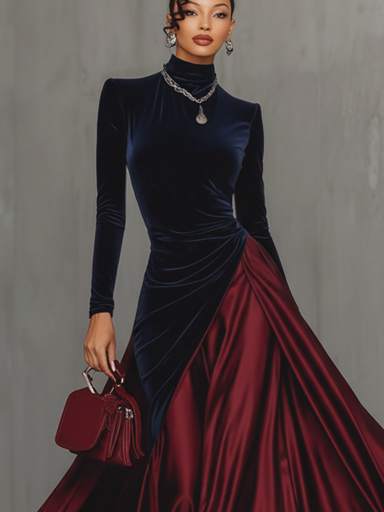 Blue Velvet And Burgundy Satin Color Block  Long Dress