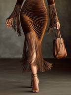 Brown Velvet Turtleneck Cutout Fringe Long Sleeve Bodycon Dress