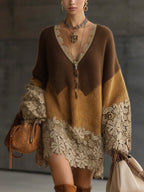 Brown Ombre Knit Lace Oversized Long Sleeve Mini Dress