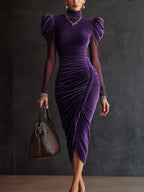 24-Hour-Shipping Plum Velvet Mesh Sleeve Draped Bodycon Dress