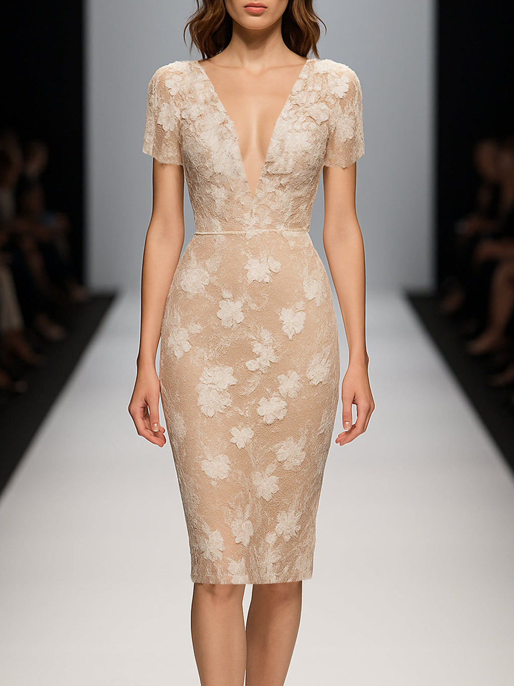 24-Hour-Shipping Light Beige Lace V-neck Short Sleeve Bodycon Dress