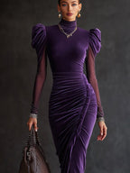 24-Hour-Shipping Plum Velvet Mesh Sleeve Draped Bodycon Dress