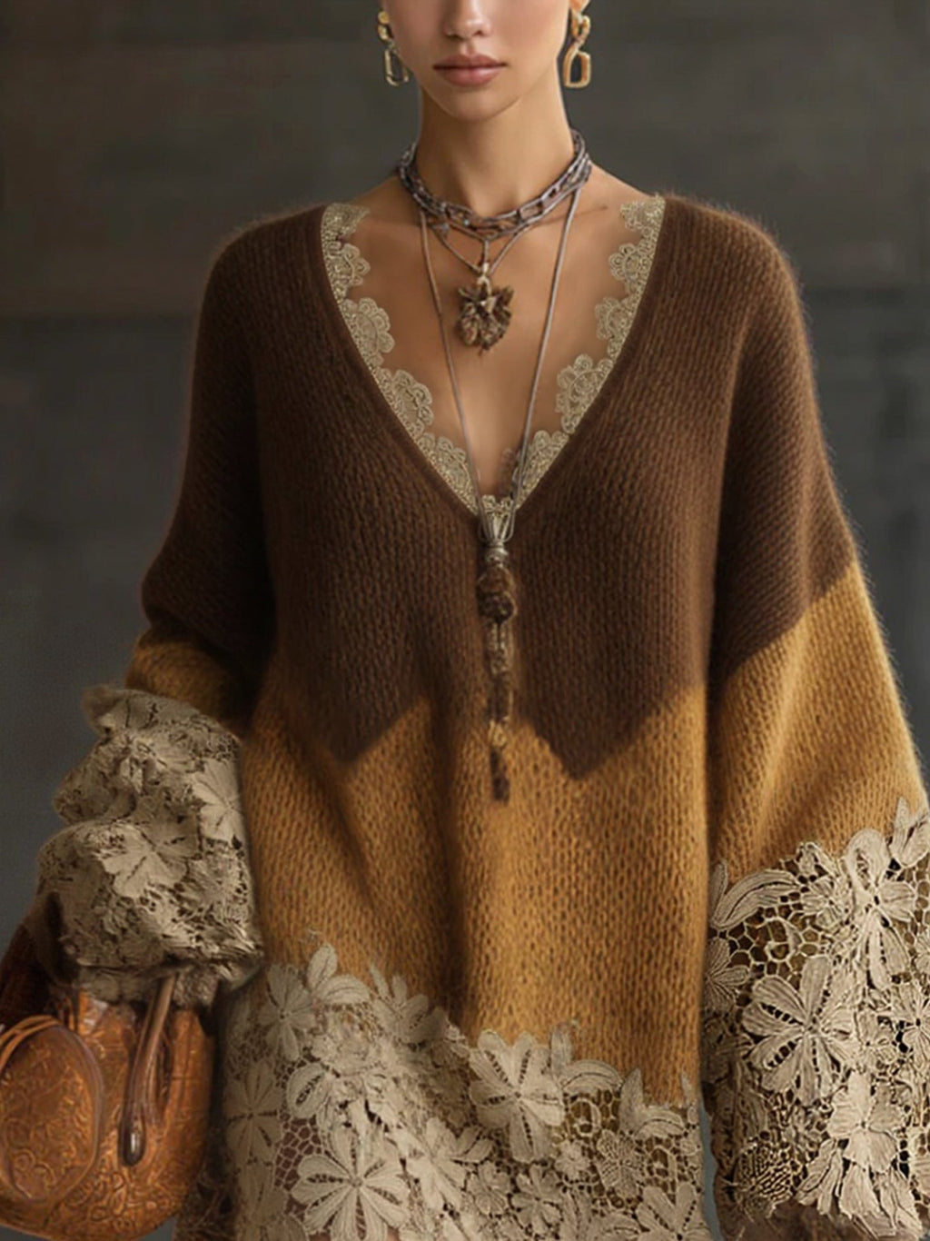 Brown Ombre Knit Lace Oversized Long Sleeve Mini Dress