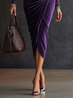 24-Hour-Shipping Plum Velvet Mesh Sleeve Draped Bodycon Dress