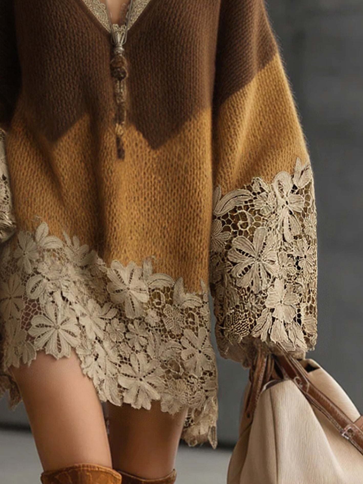 Brown Ombre Knit Lace Oversized Long Sleeve Mini Dress