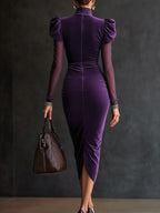 24-Hour-Shipping Plum Velvet Mesh Sleeve Draped Bodycon Dress