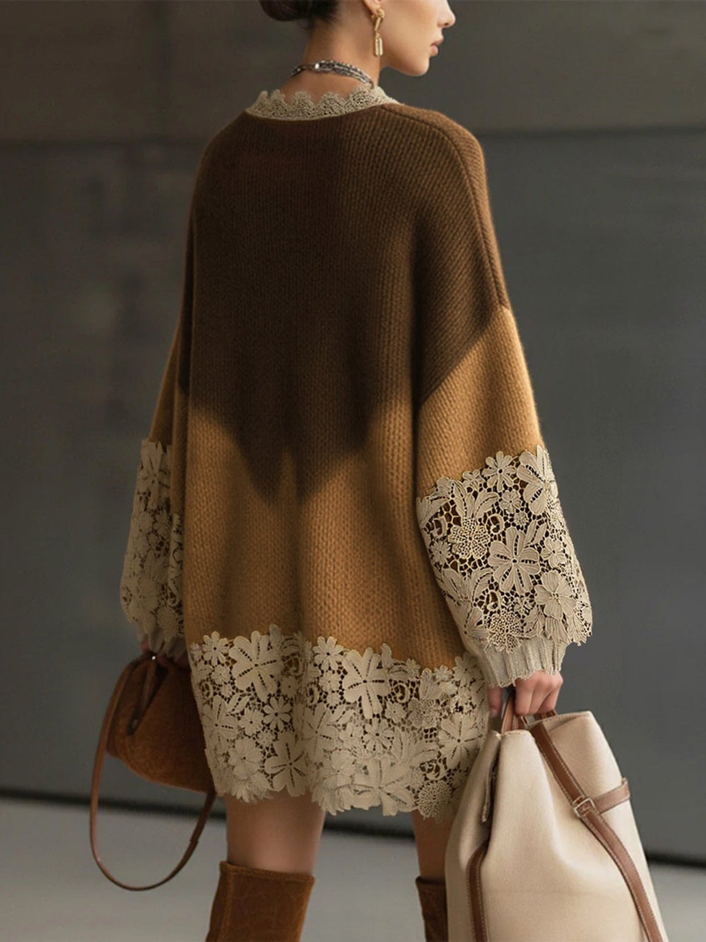 Brown Ombre Knit Lace Oversized Long Sleeve Mini Dress
