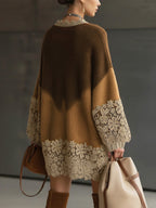 Brown Ombre Knit Lace Oversized Long Sleeve Mini Dress