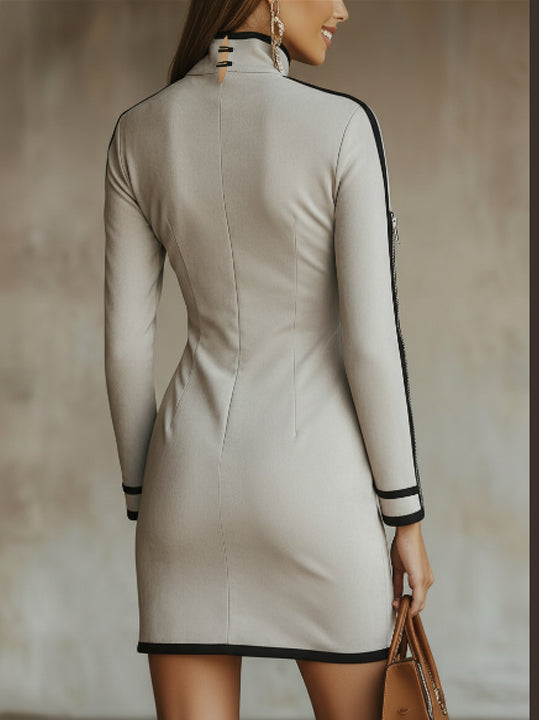 24-Hour-Shipping Gray Faux Suede Mock Neck Mini Dress With Zip Sleeve Detail