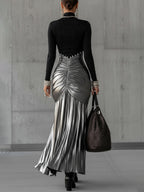 Black Round Neck Metallic Silver Pleated Maxi Dress