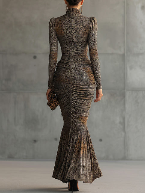 Brown Leopard Print Pleated Cutout Maxi Dress