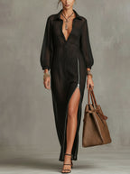 Black Collared Long-Sleeve Zip-Slit Maxi Dress