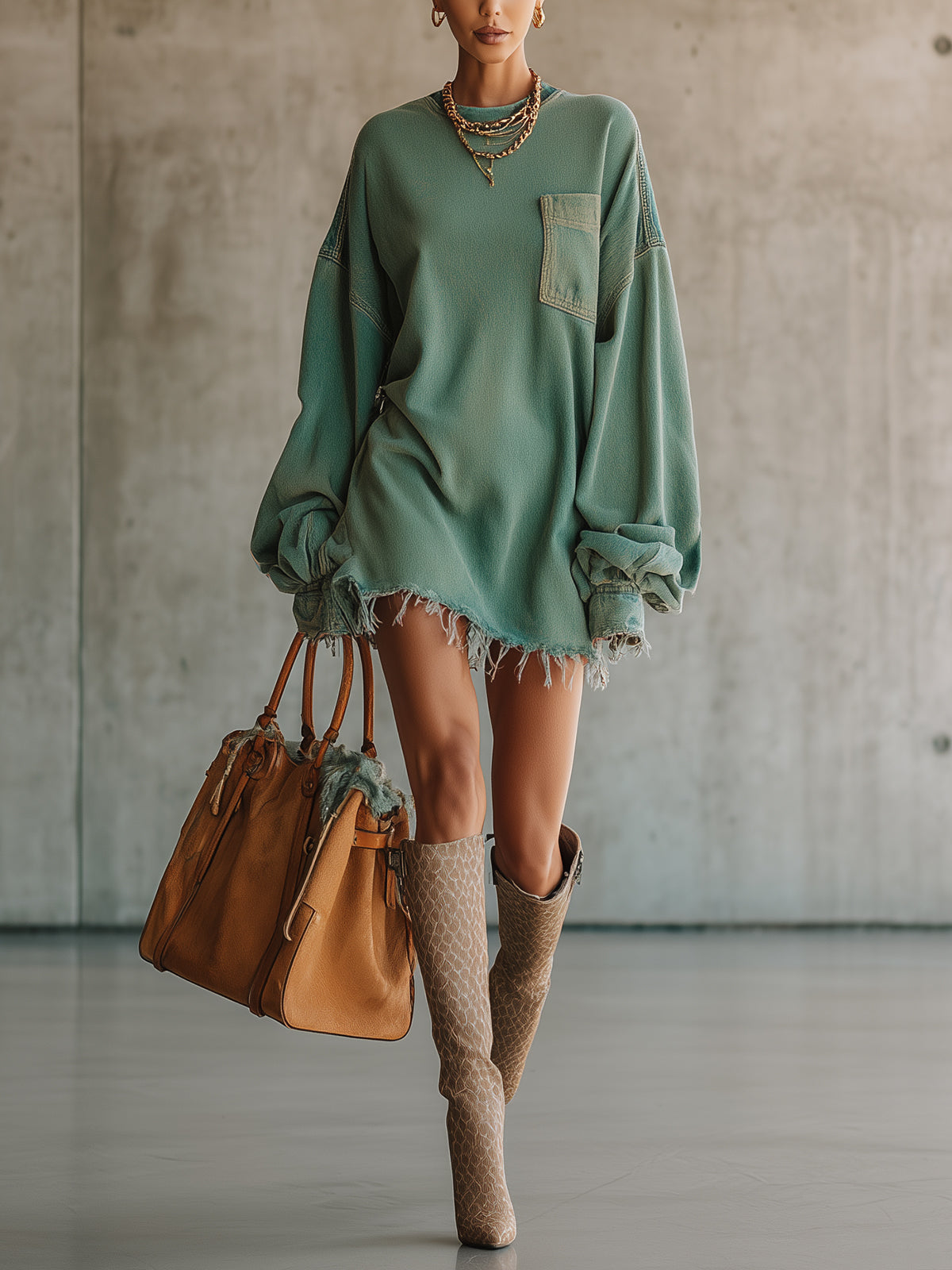 Green Denim Oversized Pocket Frayed Hem Mini Dress