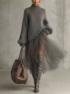 Gray Mohair And Tulle Panel Maxi Dress