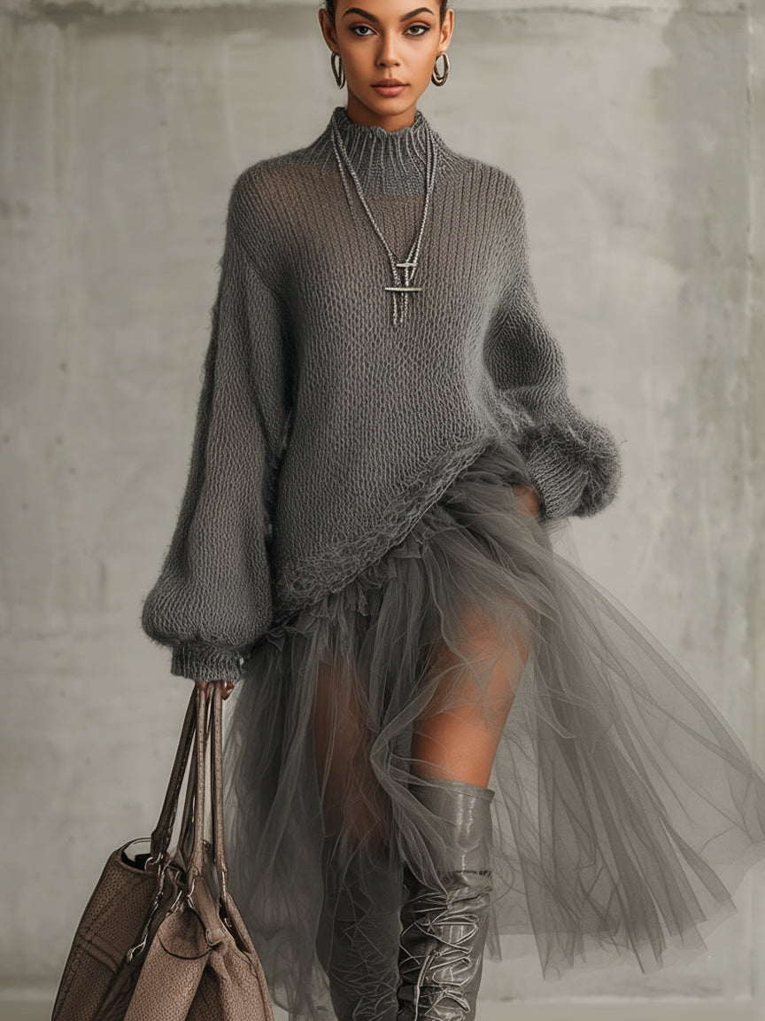 Gray Mohair And Tulle Panel Maxi Dress