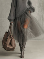 Gray Mohair And Tulle Panel Maxi Dress