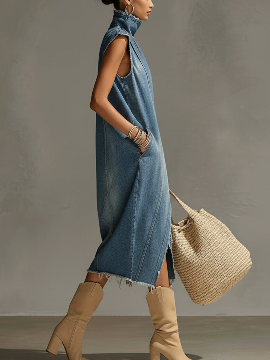 Blue Washed Denim Sleeveless High Neck Frayed Dress