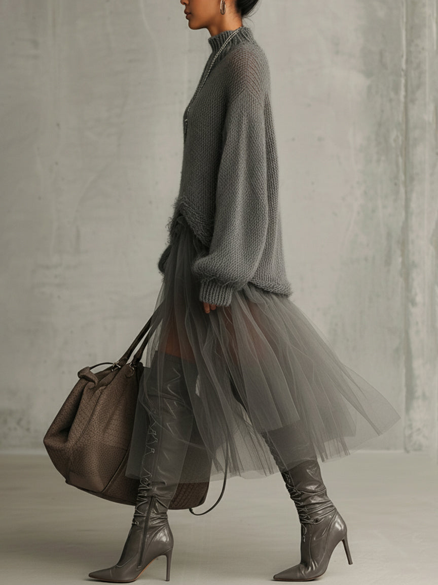 Gray Mohair And Tulle Panel Maxi Dress