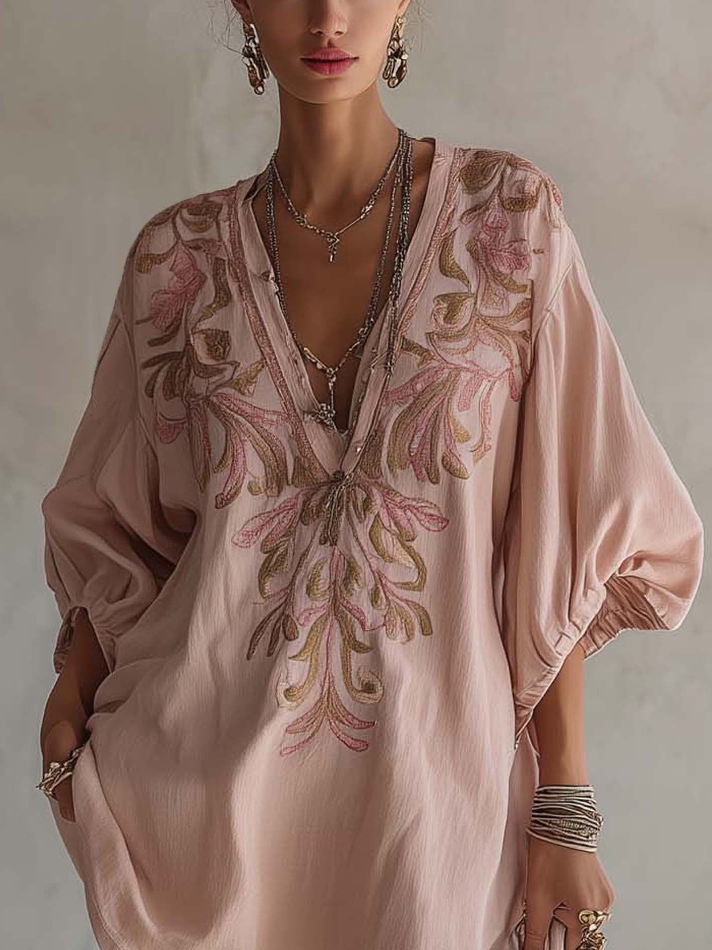 Pink Cotton Linen Mini Dress With Vintage Floral Embroidery