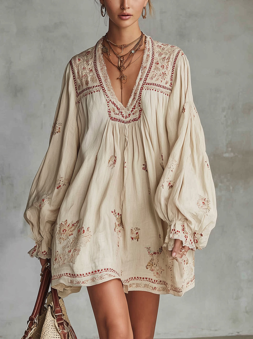 Beige Print Boho V-Neck Long Sleeve Linen Mini Dress