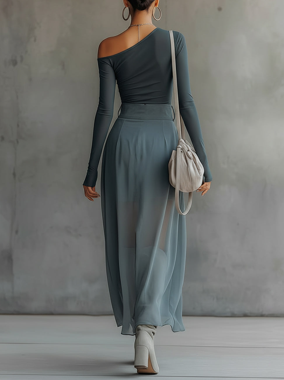 Blue Stretch Knit Chiffon Off-shoulder Maxi Dress With Slit Hem