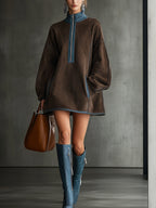 24-Hour-Shipping Brown Faux Suede Fleece High-Neck Zip-Up Oversized Mini Dress
