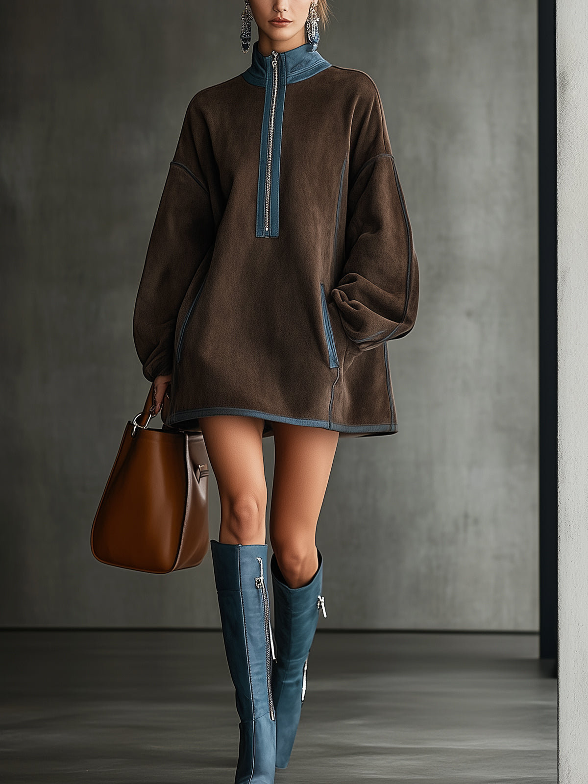 24-Hour-Shipping Brown Faux Suede Fleece High-Neck Zip-Up Oversized Mini Dress