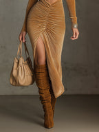 Camel Velvet Openwork Long Sleeve Bodycon Dress