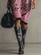 Black And Pink Knit Loose Short Sleeve Midi Dress