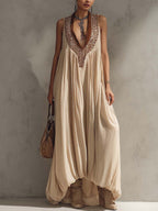 Beige Chiffon Maxi Dress With Brown Embroidered V-Neck