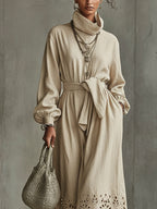 Beige Embroidered Cotton Linen Tie Waist Maxi Dress