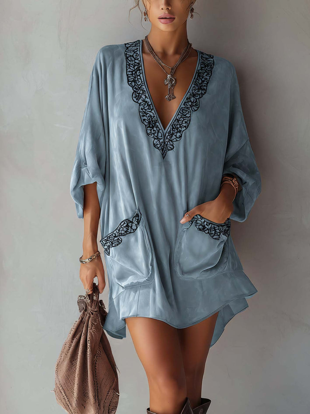 Light Blue Faux Suede Mini Dress With Vintage Embroidery Detailing