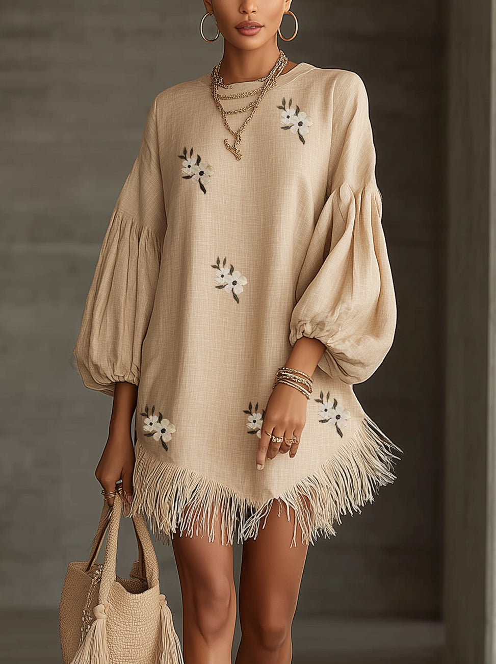 Beige Floral Embroidered Fringe Hem Puff Sleeve Linen Mini Dress
