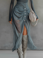 Blue Stretch Knit Chiffon Off-shoulder Maxi Dress With Slit Hem