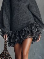 Gray Knit Mini Dress With Ruffled V-Neckline And Chiffon Hem