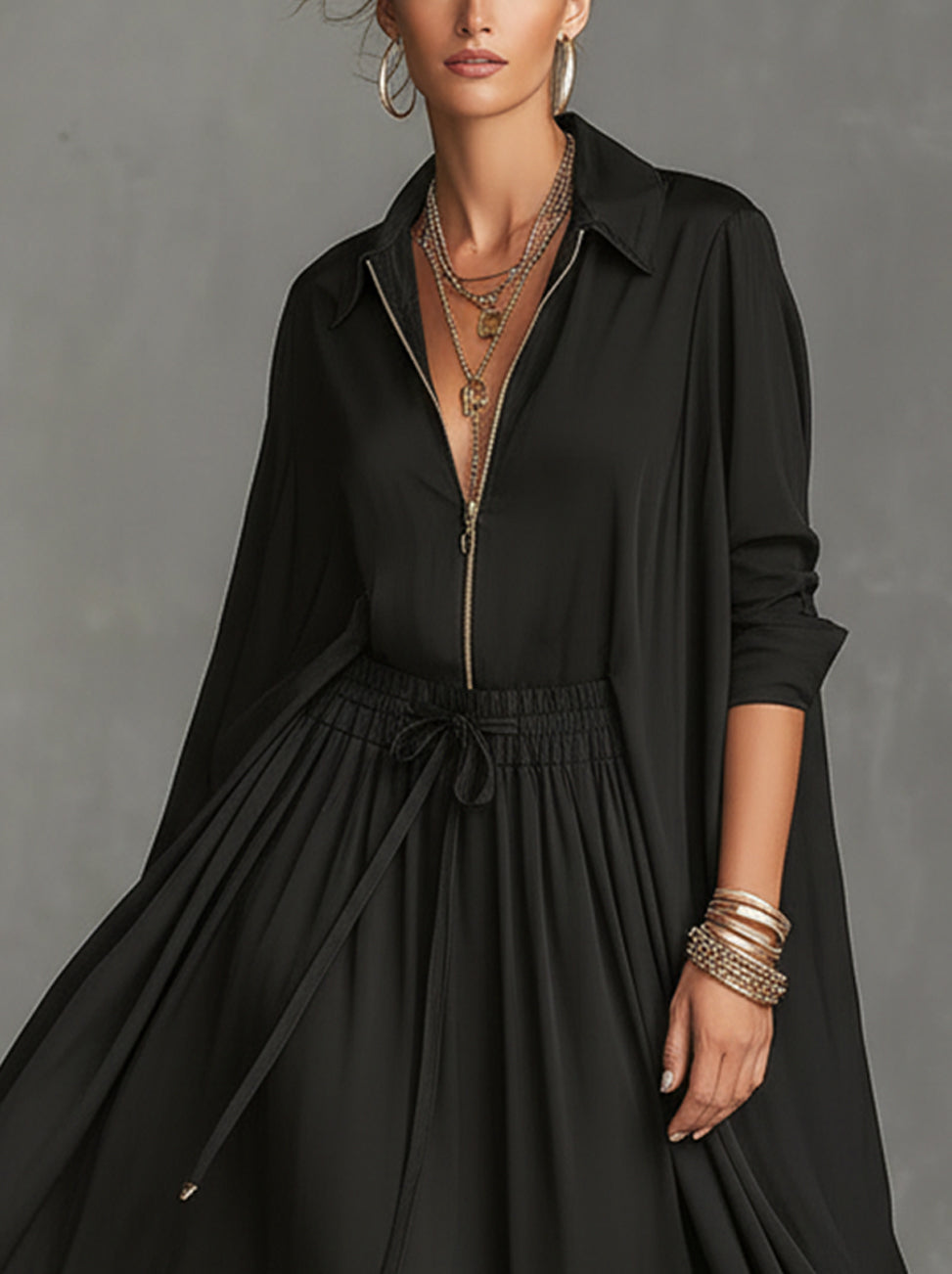 Black Lace-Trim Long-Sleeve Zip-Front Maxi Dress