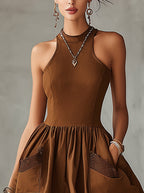 Brown Halter Neck Sleeveless Pocket Flare Mini Dress