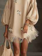 Beige Floral Embroidered Fringe Hem Puff Sleeve Linen Mini Dress