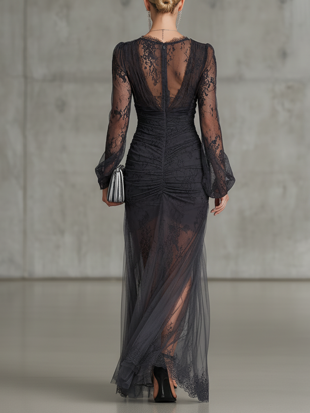 Black Lace Ruched Sheer Long Sleeve Slit Maxi Dress
