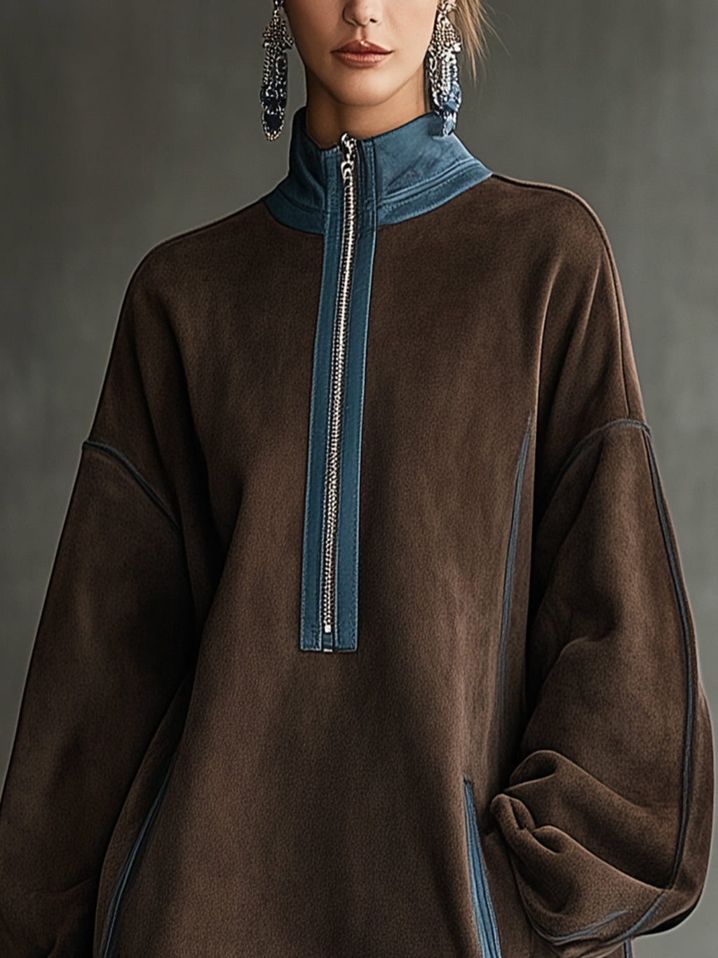 24-Hour-Shipping Brown Faux Suede Fleece High-Neck Zip-Up Oversized Mini Dress