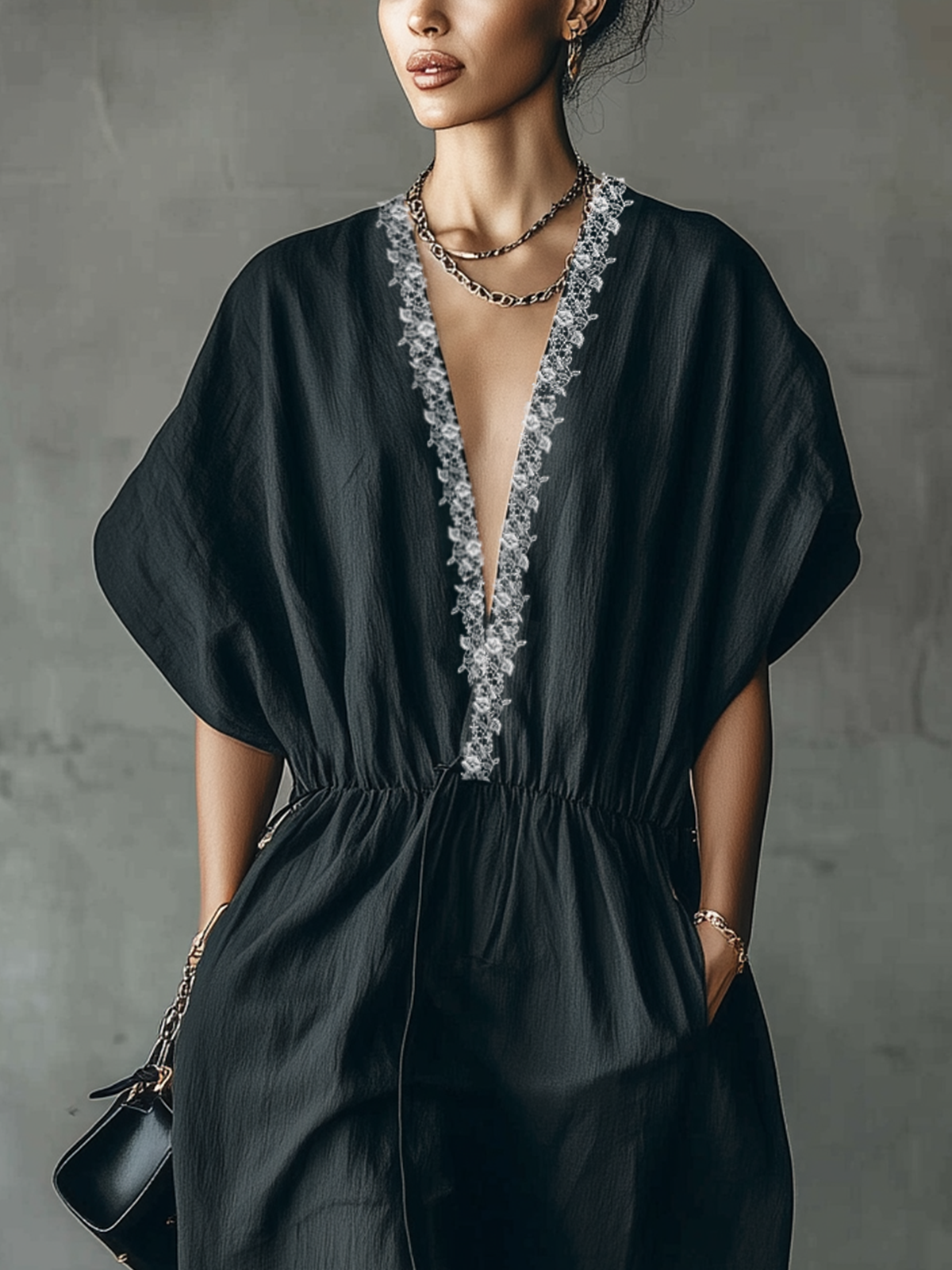 Black  Lace-Trimmed Deep V-Neck Embroidered Maxi Dress
