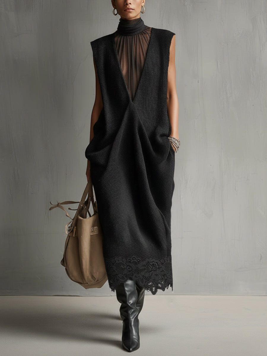 Black Sleeveless Chiffon High-Neck Knit Maxi Dress With Lace Hem