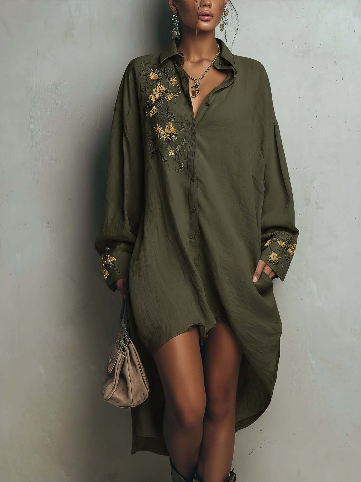 Army Green Cotton Linen Mini Shirt Dress With Vintage Floral Embroidery