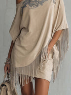 Beige Faux Suede One Shoulder Embroidered Fringe Mini Dress