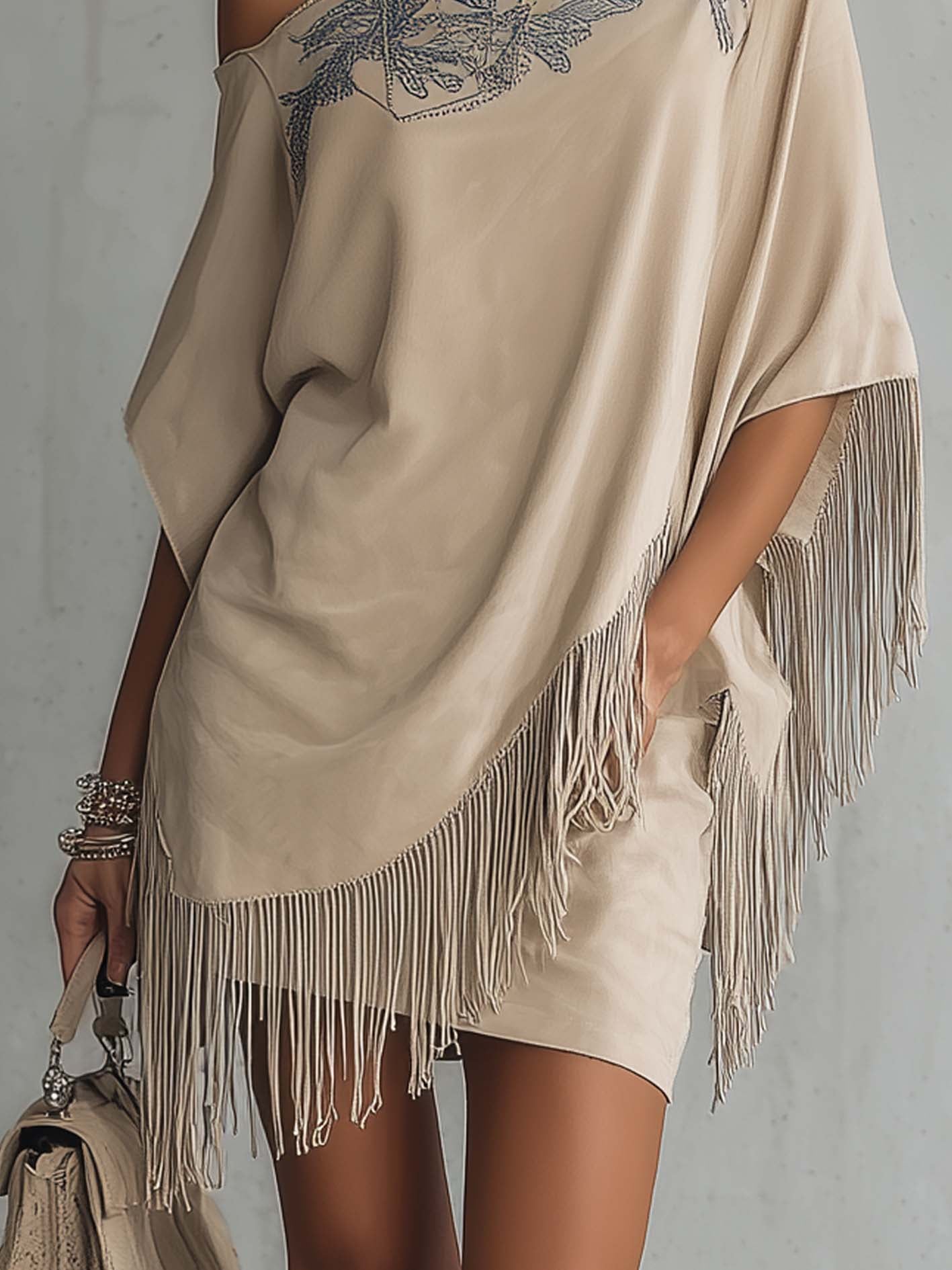Beige Faux Suede One Shoulder Embroidered Fringe Mini Dress