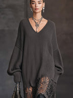 Charcoal Gray V-Neck Knit Mesh Long Sleeve Midi Dress