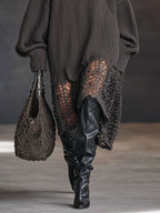 Charcoal Gray V-Neck Knit Mesh Long Sleeve Midi Dress